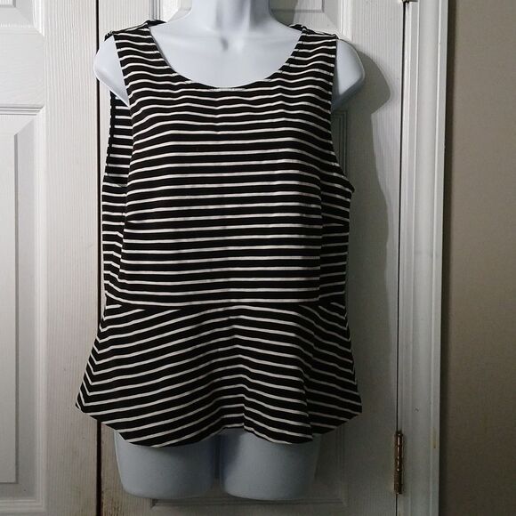 J Crew black white stripe sleeveless blouse full zipper back Sz L EUC - Picture 1 of 6